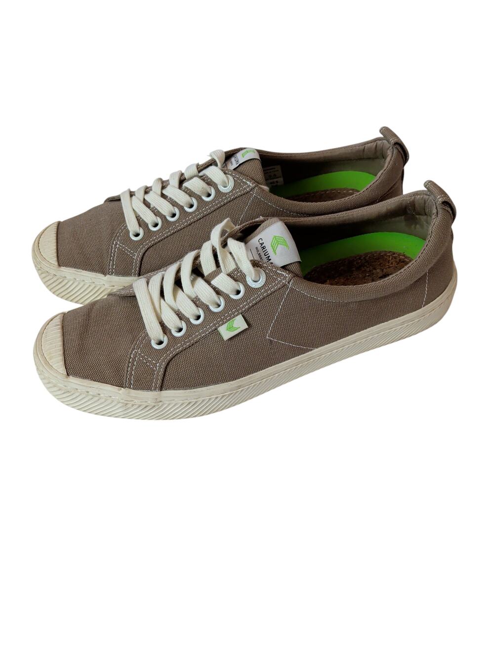 Cariuma Sz 9.5 W 8 M Canvas Khaki Tan OCA Low Cap Lace Up Sneaker Cork Insole
